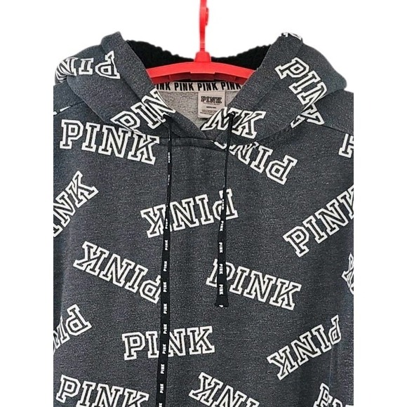 Victoria's Secret PINK Sherpa Lined Medium Hoodie Campus Pullover Gray Logo - Picture 3 of 7